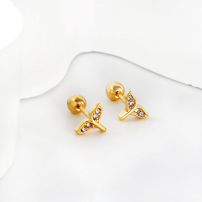 Gold coloured steel ball screw-in crooked star with white diamonds stud earrings asonjewelry