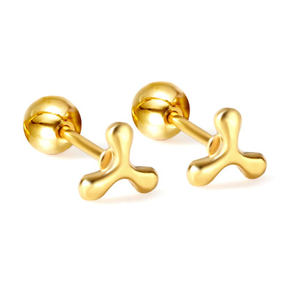 Gold coloured steel ball screw back fan leaf earrings asonjewelry