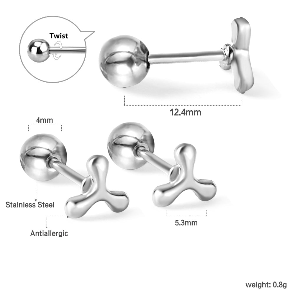 Gold coloured steel ball screw back fan leaf earrings asonjewelry