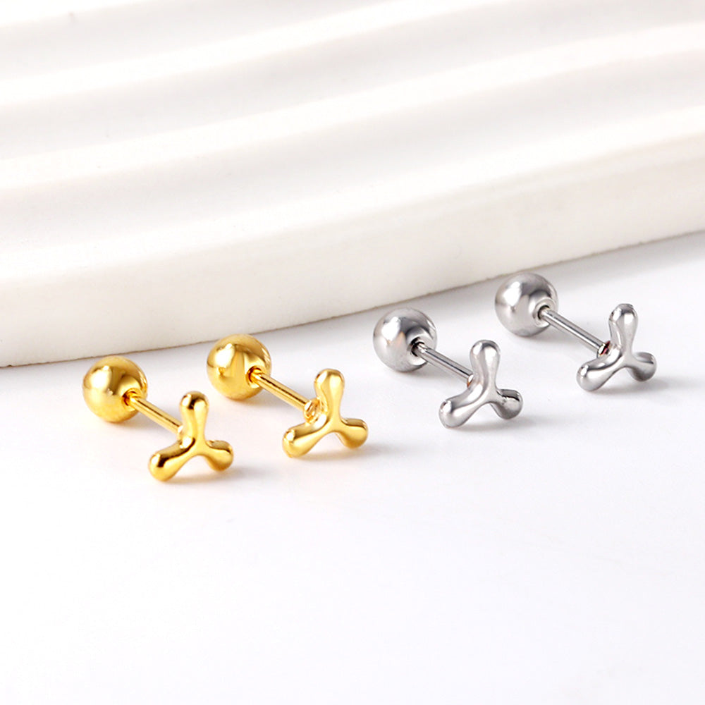 Gold coloured steel ball screw back fan leaf earrings asonjewelry