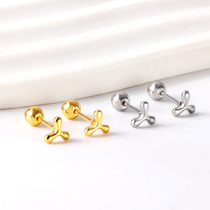 Gold coloured steel ball screw back fan leaf earrings asonjewelry