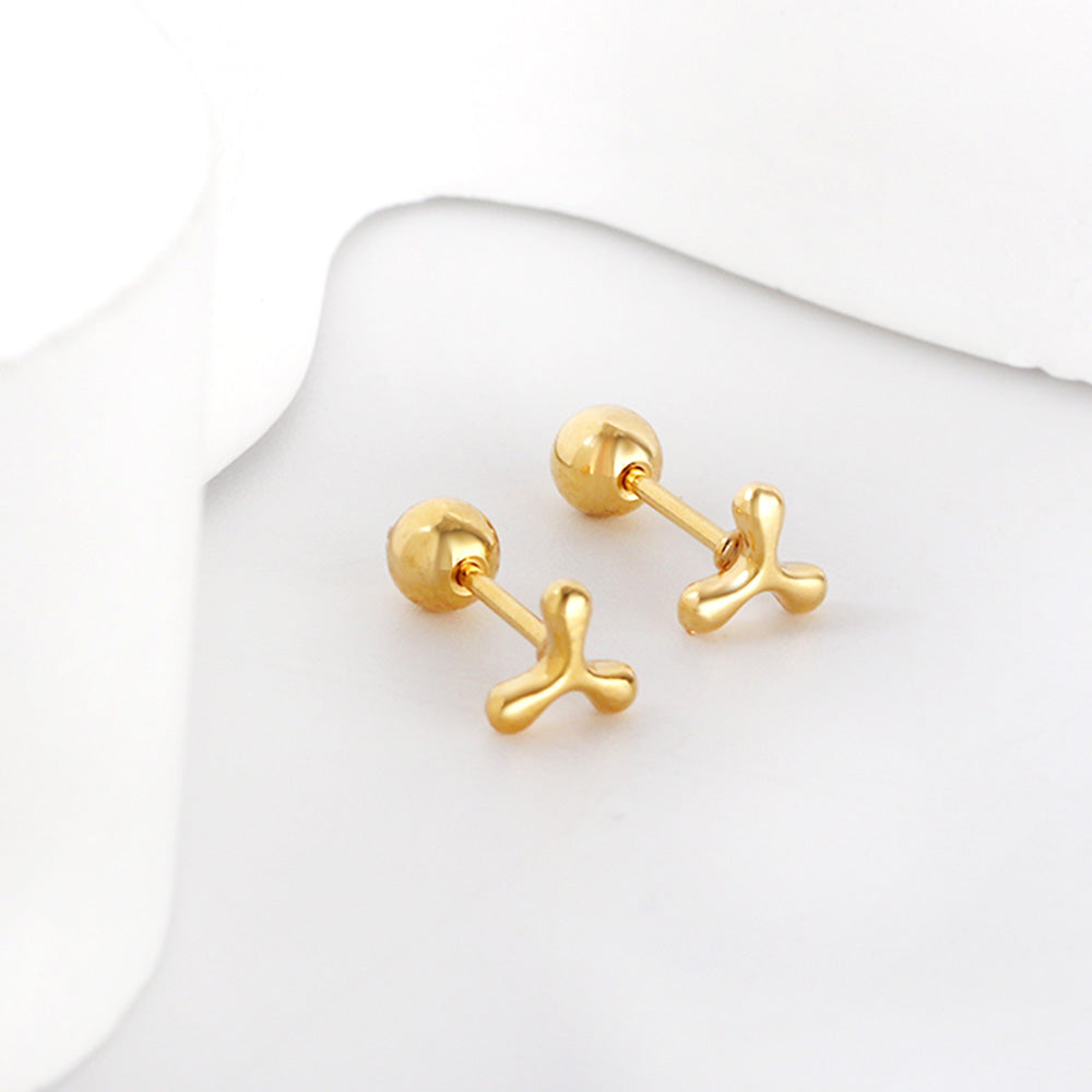 Gold coloured steel ball screw back fan leaf earrings asonjewelry
