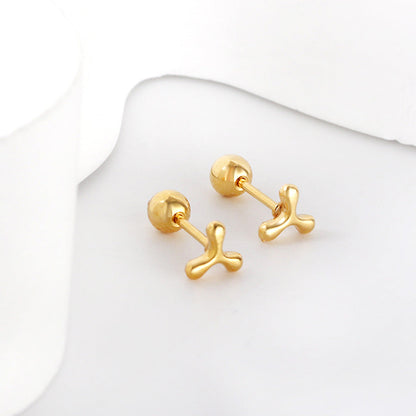 Gold coloured steel ball screw back fan leaf earrings asonjewelry