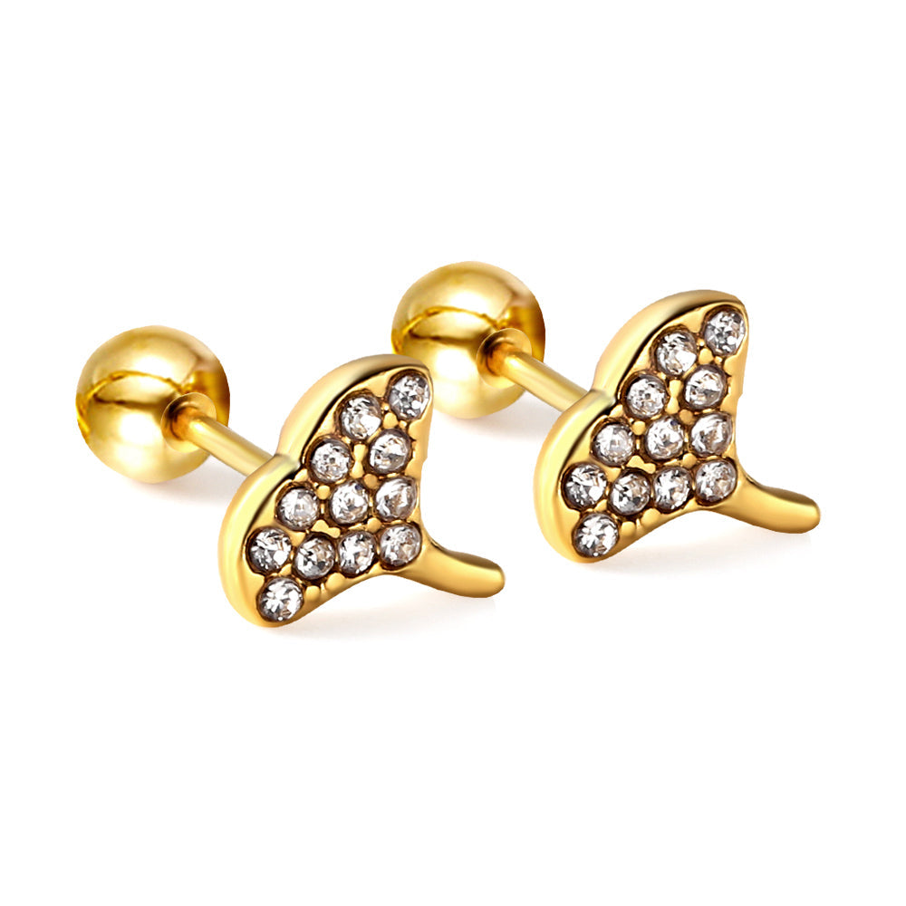 Gold coloured steel ball screw back fan leaf earrings with white diamonds asonjewelry