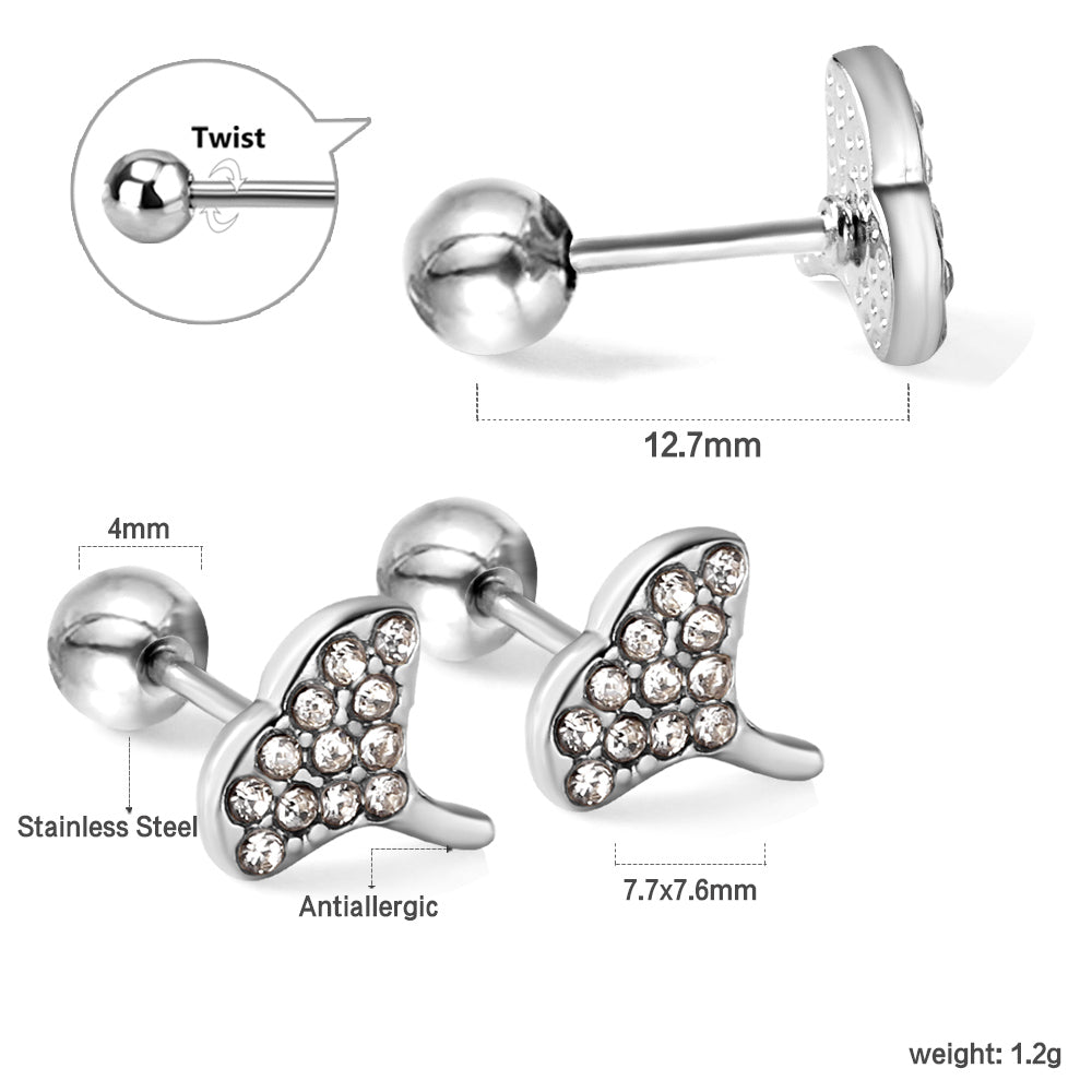 Gold coloured steel ball screw back fan leaf earrings with white diamonds asonjewelry