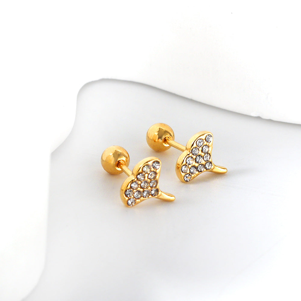 Gold coloured steel ball screw back fan leaf earrings with white diamonds asonjewelry