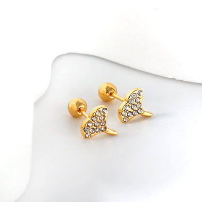 Gold coloured steel ball screw back fan leaf earrings with white diamonds asonjewelry