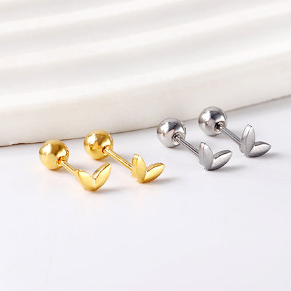 Gold coloured steel ball screw-in leaf stud earrings asonjewelry