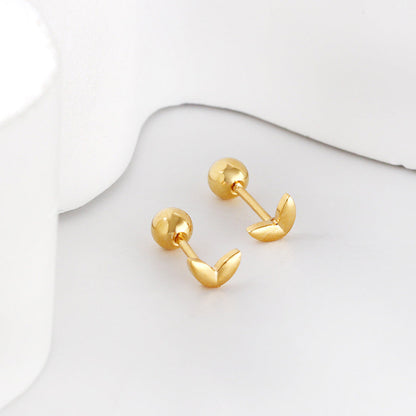 Gold coloured steel ball screw-in leaf stud earrings asonjewelry