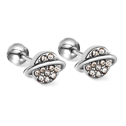 Golden Steel Stud Planet + Orbit with White Diamonds Earrings asonjewelry