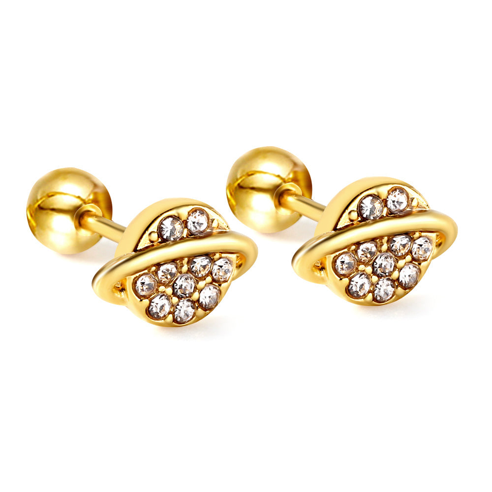 Golden Steel Stud Planet + Orbit with White Diamonds Earrings asonjewelry