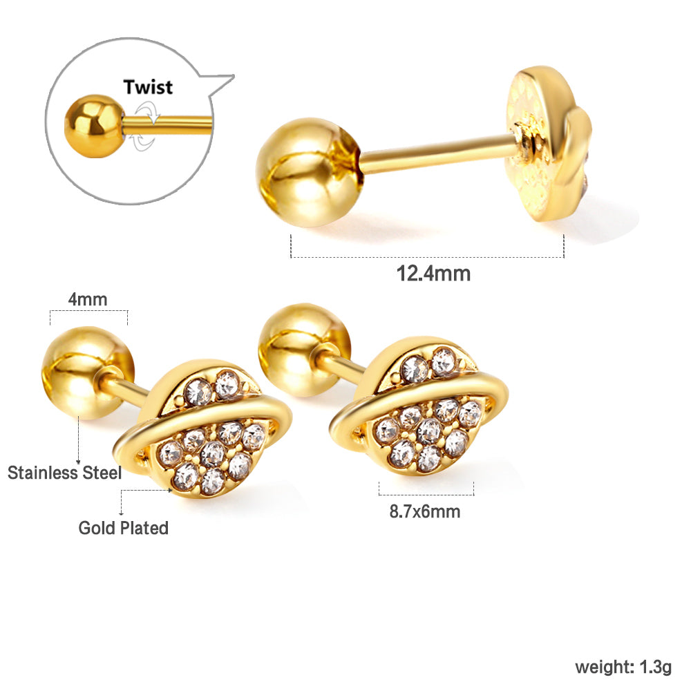 Golden Steel Stud Planet + Orbit with White Diamonds Earrings asonjewelry