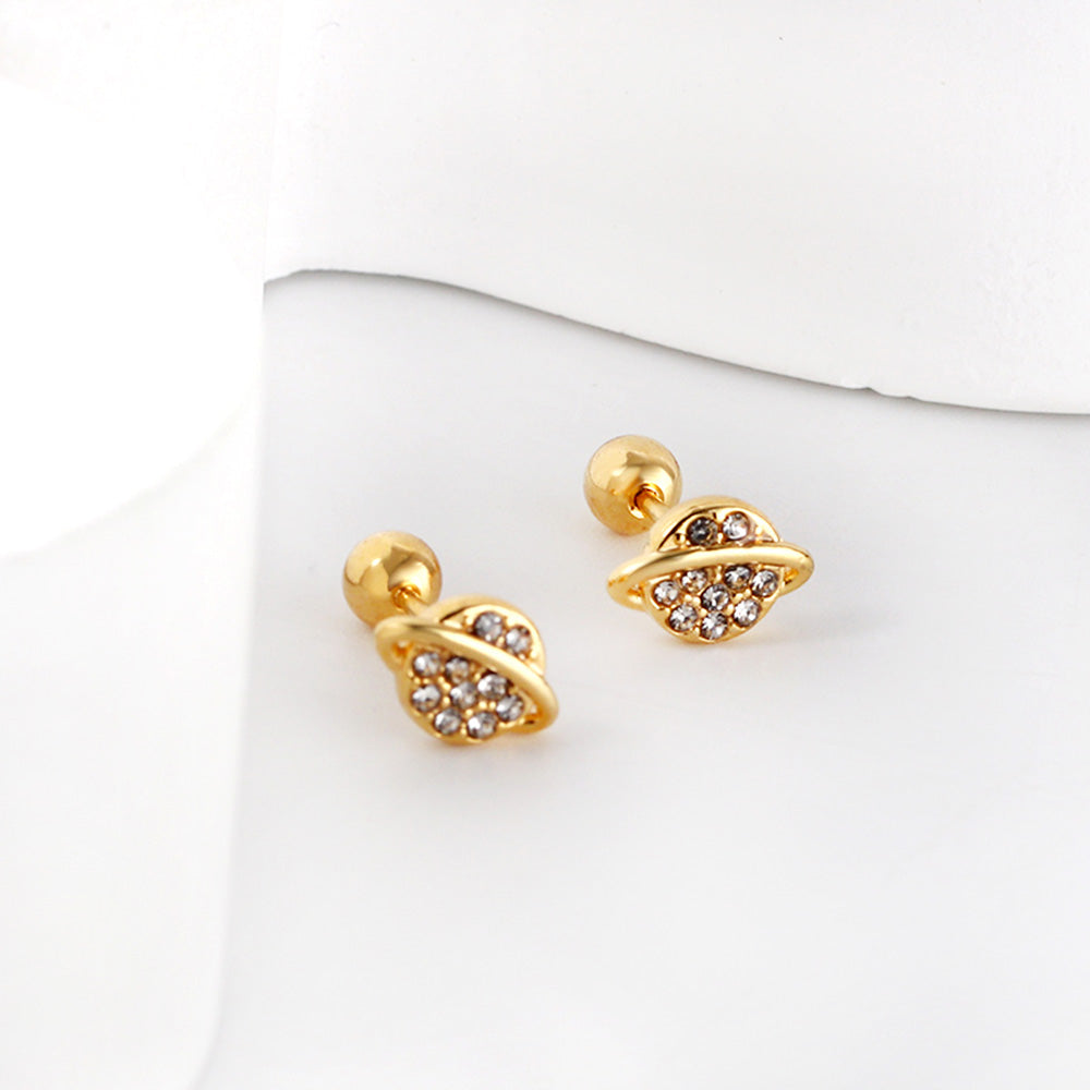 Golden Steel Stud Planet + Orbit with White Diamonds Earrings asonjewelry