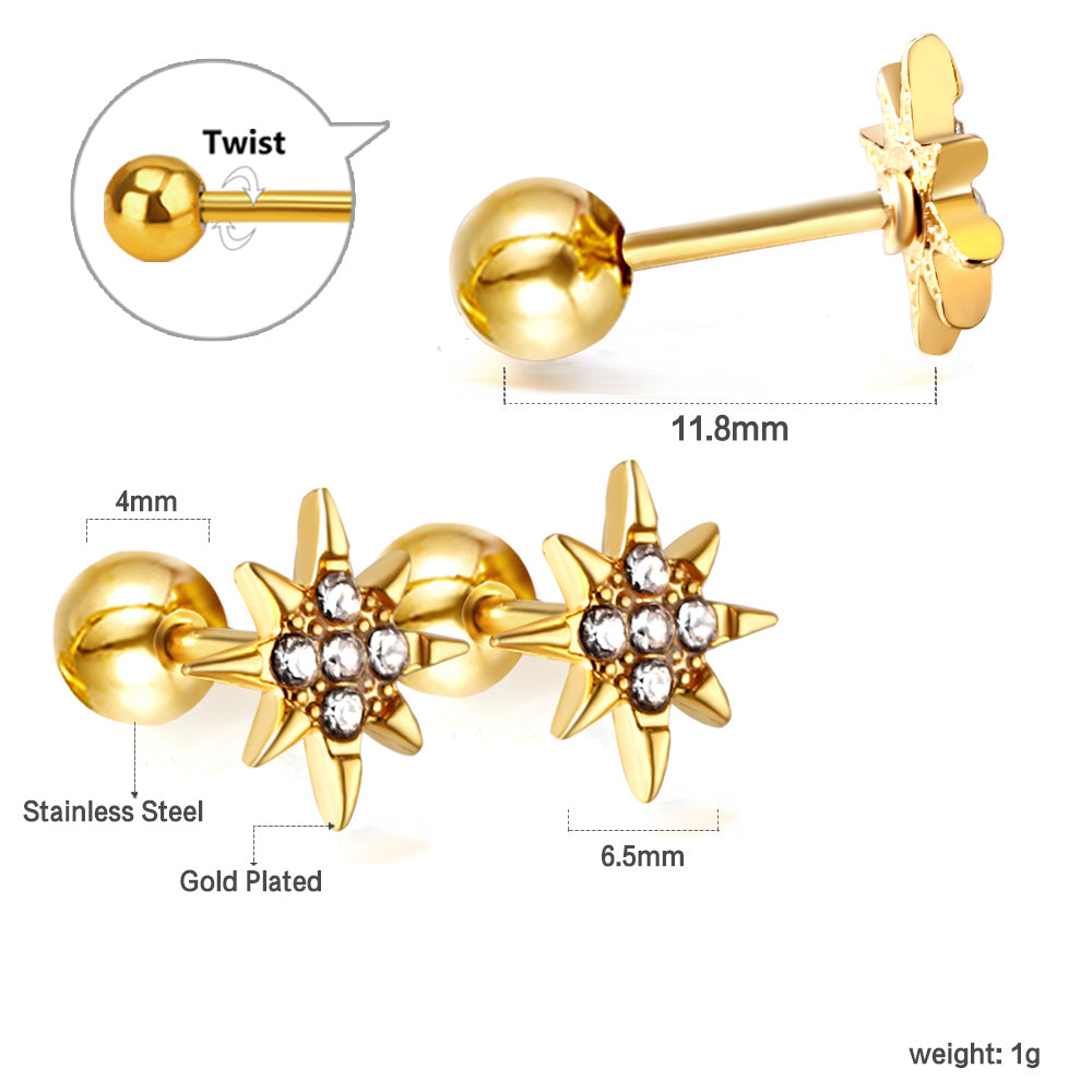 Gold coloured steel ball screw-in lucky star stud earrings with white diamonds asonjewelry