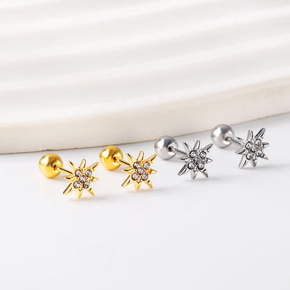Gold coloured steel ball screw-in lucky star stud earrings with white diamonds asonjewelry