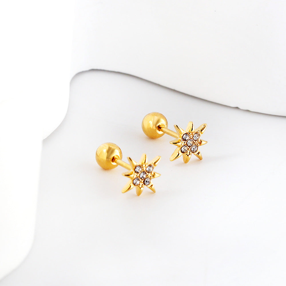 Gold coloured steel ball screw-in lucky star stud earrings with white diamonds asonjewelry
