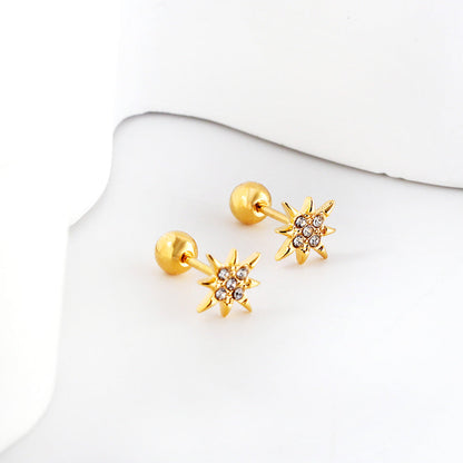 Gold coloured steel ball screw-in lucky star stud earrings with white diamonds asonjewelry