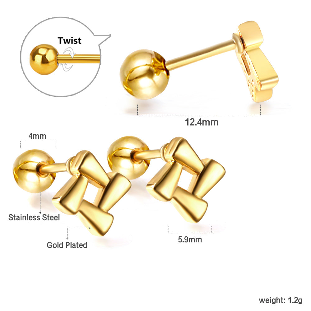 Gold coloured steel ball screw plug square block earrings asonjewelry