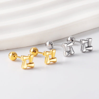 Gold coloured steel ball screw plug square block earrings asonjewelry