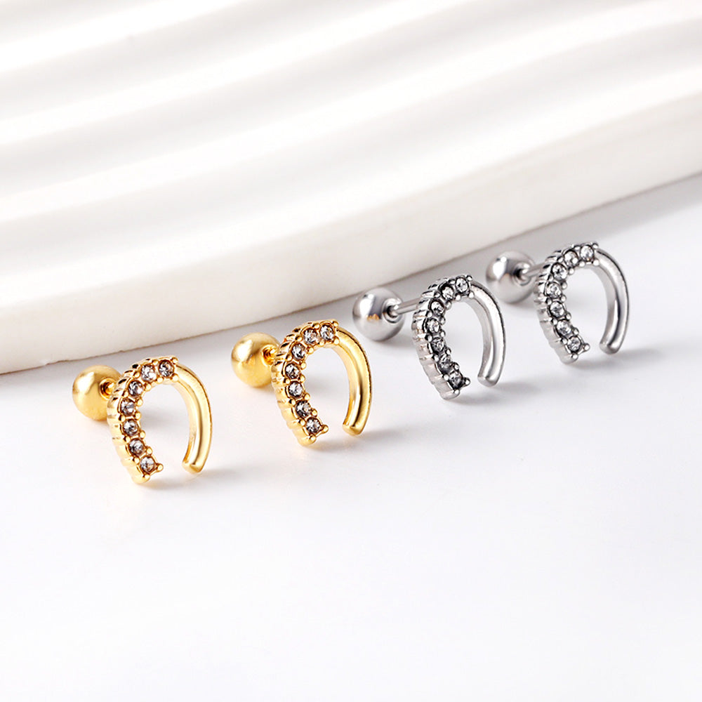 Golden Steel Stud Planet + Orbit with White Diamonds Earrings asonjewelry