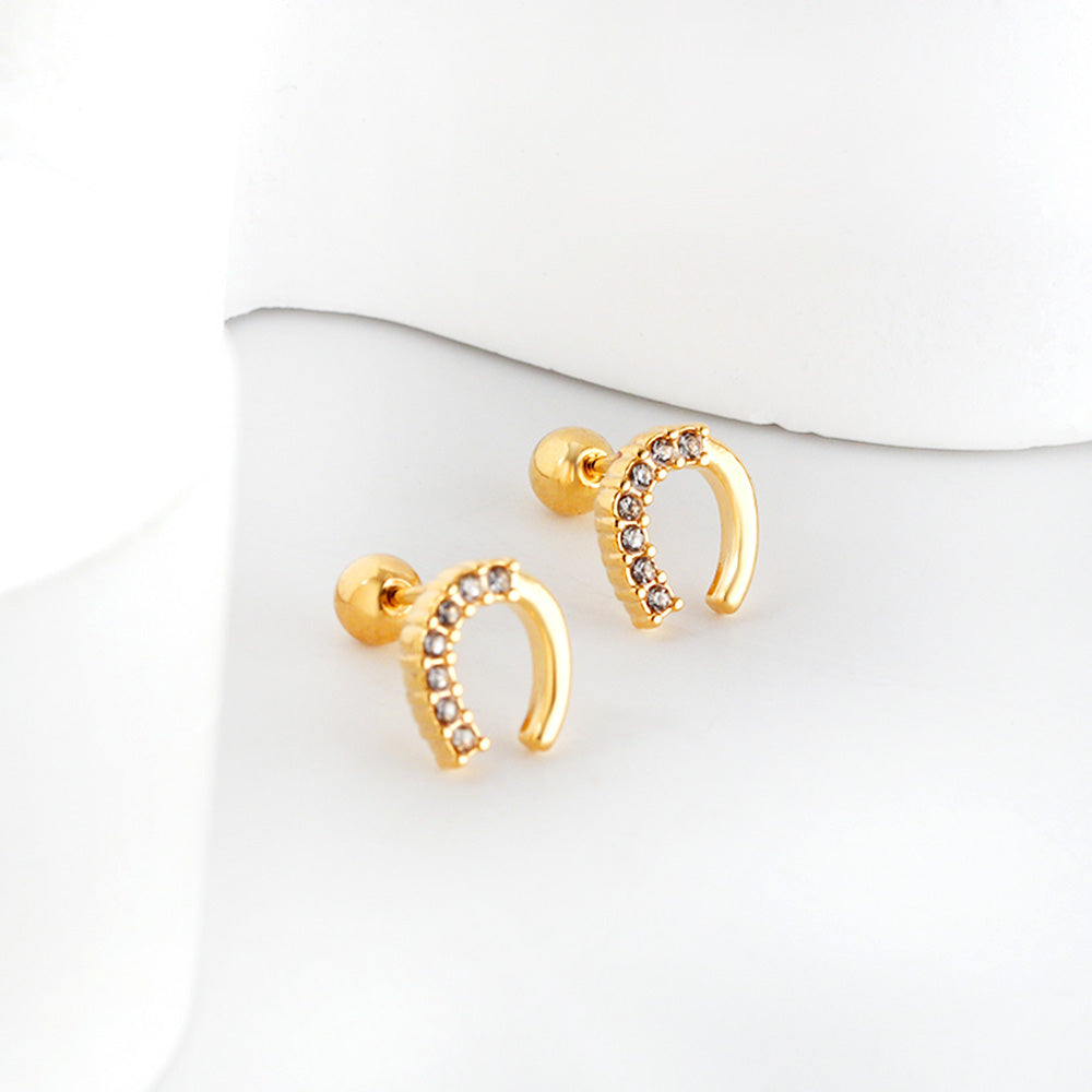 Golden Steel Stud Planet + Orbit with White Diamonds Earrings asonjewelry