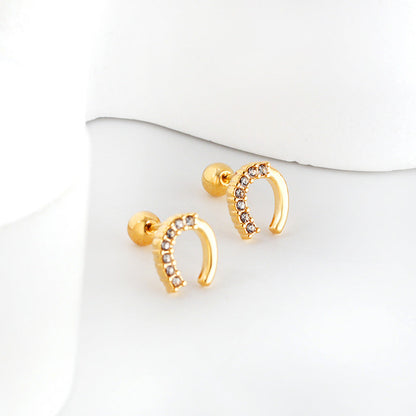 Golden Steel Stud Planet + Orbit with White Diamonds Earrings asonjewelry
