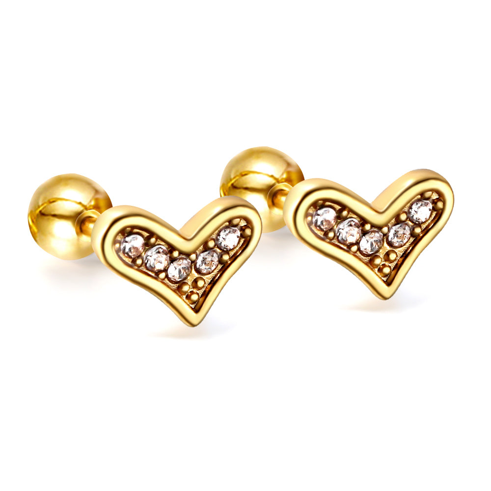 Gold coloured steel ball screw-in crooked star with white diamonds stud earrings asonjewelry