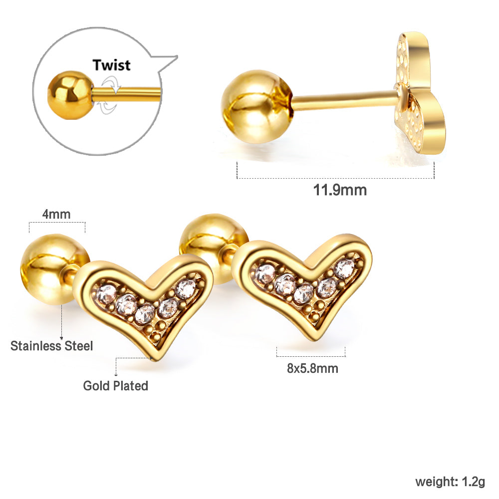 Gold coloured steel ball screw-in crooked star with white diamonds stud earrings asonjewelry