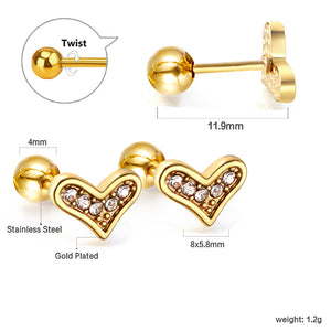 Gold coloured steel ball screw-in crooked star with white diamonds stud earrings