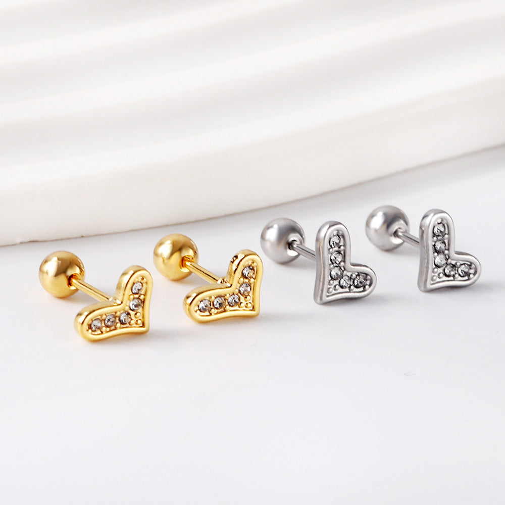 Gold coloured steel ball screw-in crooked star with white diamonds stud earrings asonjewelry