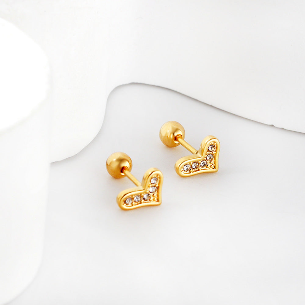 Gold coloured steel ball screw-in crooked star with white diamonds stud earrings asonjewelry