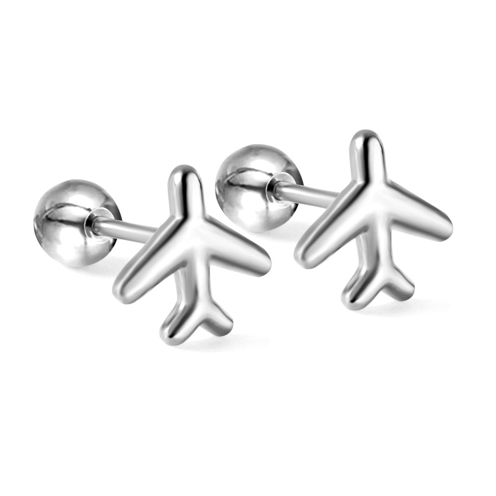 Gold coloured steel ball screw-in aeroplane stud earrings asonjewelry