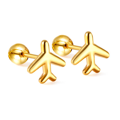 Gold coloured steel ball screw-in aeroplane stud earrings asonjewelry