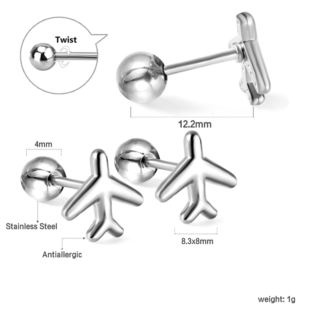 Gold coloured steel ball screw-in aeroplane stud earrings asonjewelry