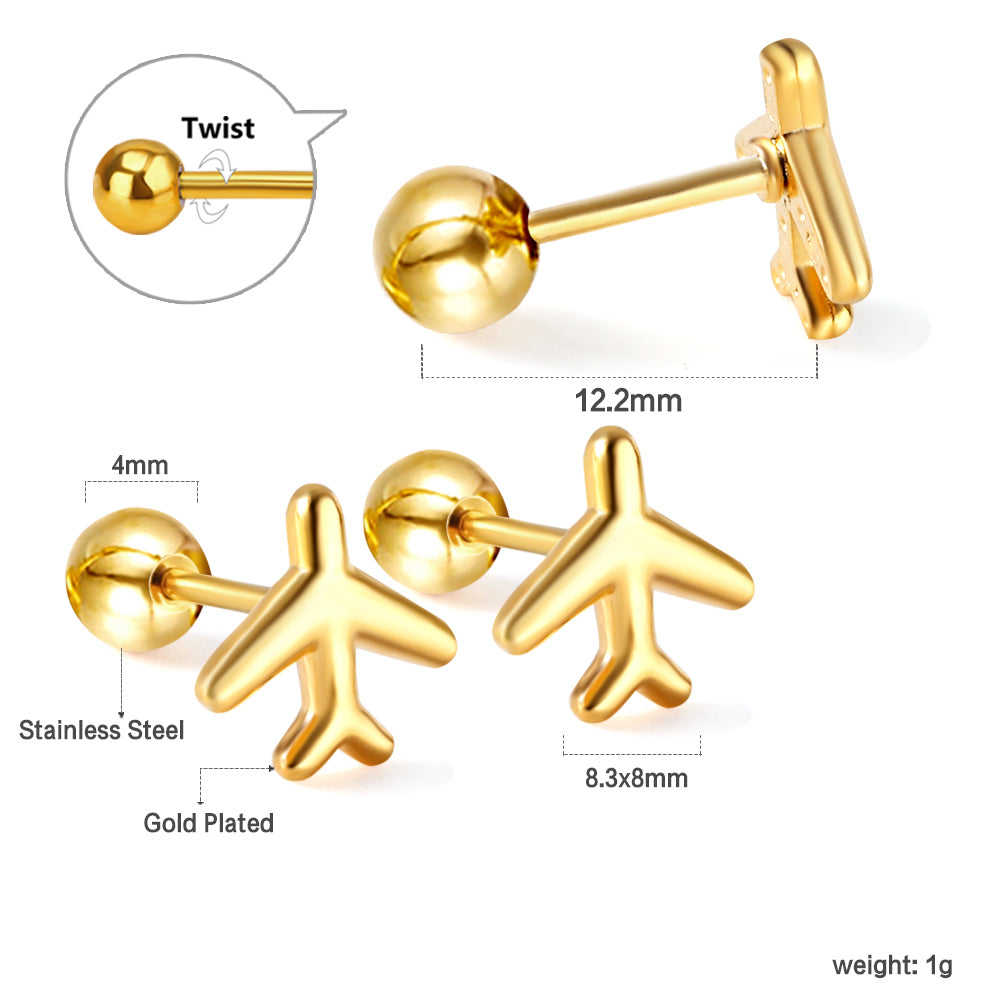 Gold coloured steel ball screw-in aeroplane stud earrings asonjewelry