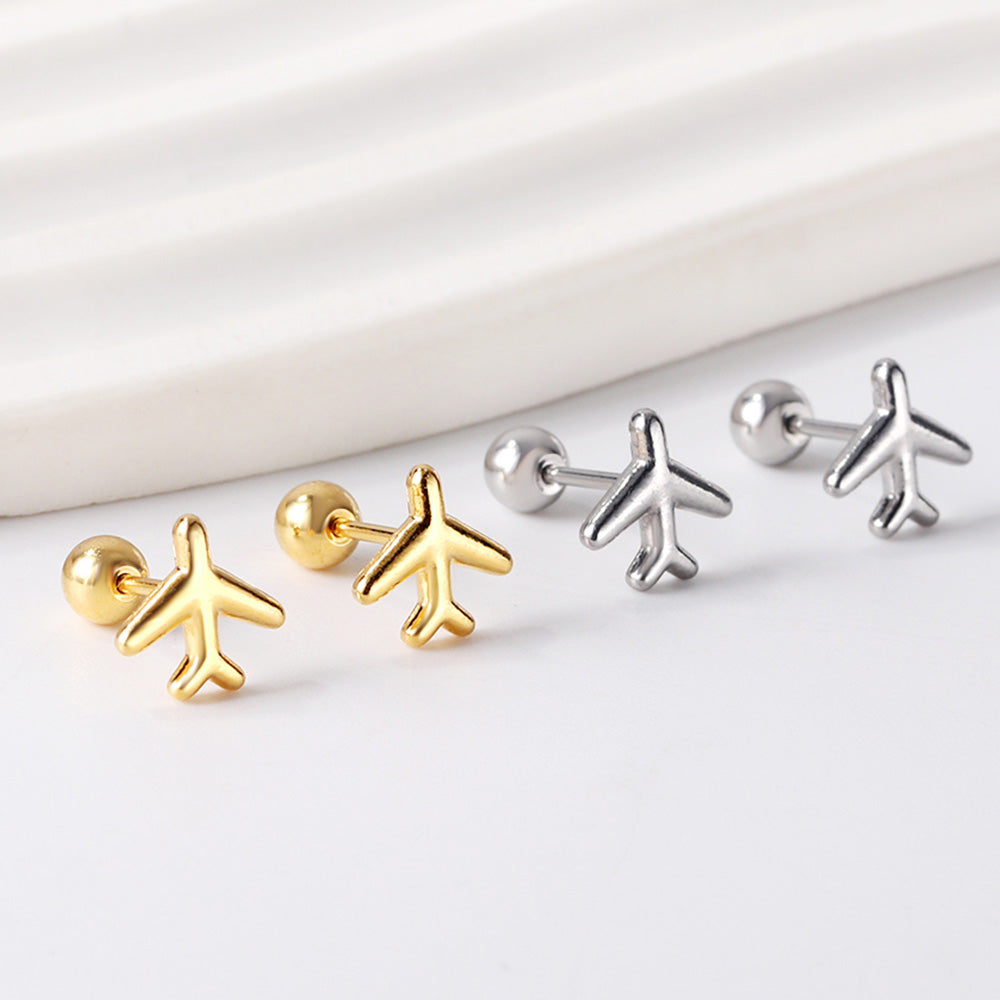 Gold coloured steel ball screw-in aeroplane stud earrings asonjewelry