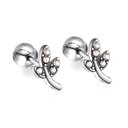 Gold coloured steel ball screw back leaves with white diamonds stud earrings asonjewelry