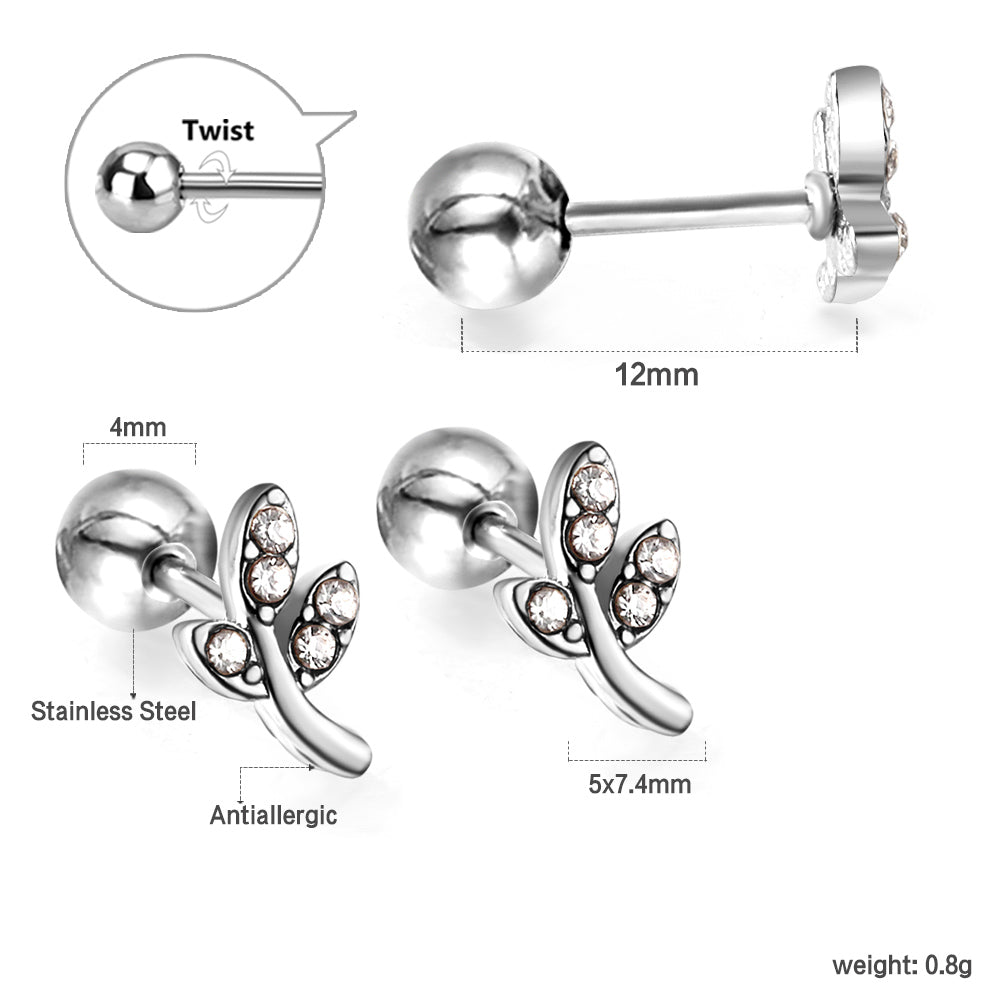 Gold coloured steel ball screw back leaves with white diamonds stud earrings asonjewelry