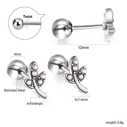 Gold coloured steel ball screw back leaves with white diamonds stud earrings asonjewelry