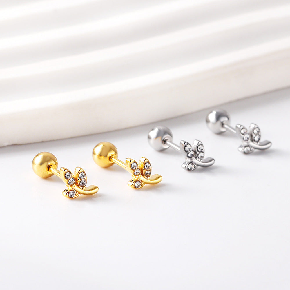 Gold coloured steel ball screw back leaves with white diamonds stud earrings asonjewelry