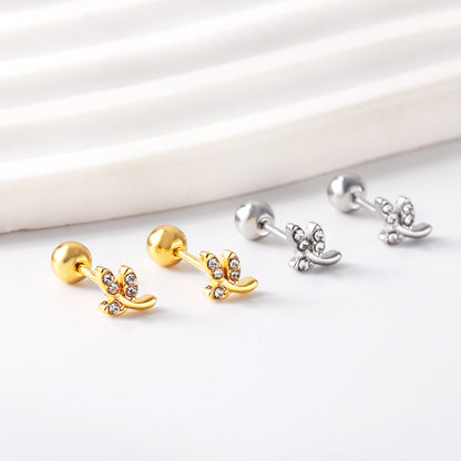 Gold coloured steel ball screw back leaves with white diamonds stud earrings asonjewelry