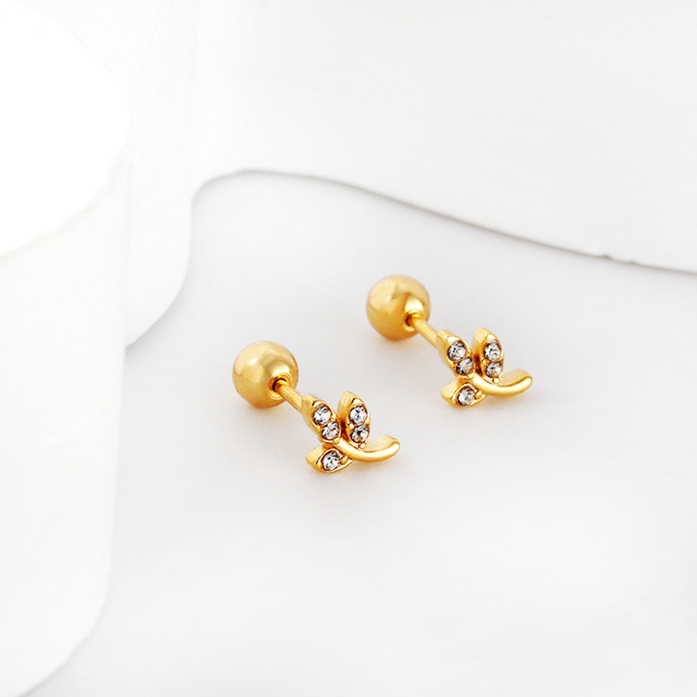 Gold coloured steel ball screw back leaves with white diamonds stud earrings asonjewelry