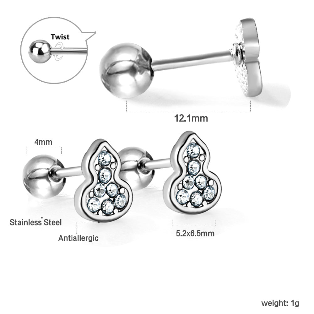 Gold coloured steel ball screw-in gourd with white diamonds stud earrings asonjewelry