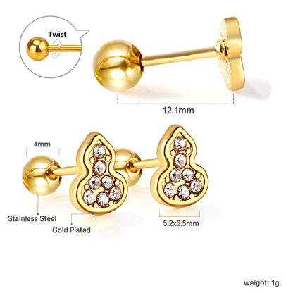 Gold coloured steel ball screw-in gourd with white diamonds stud earrings asonjewelry