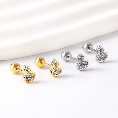 Gold coloured steel ball screw-in gourd with white diamonds stud earrings asonjewelry