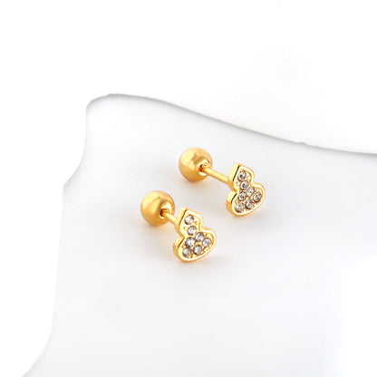 Gold coloured steel ball screw-in gourd with white diamonds stud earrings asonjewelry