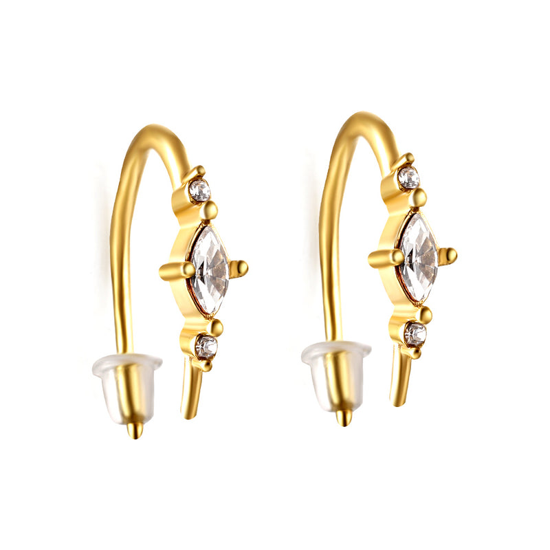 Gold coloured U-shaped stud earrings with white diamonds