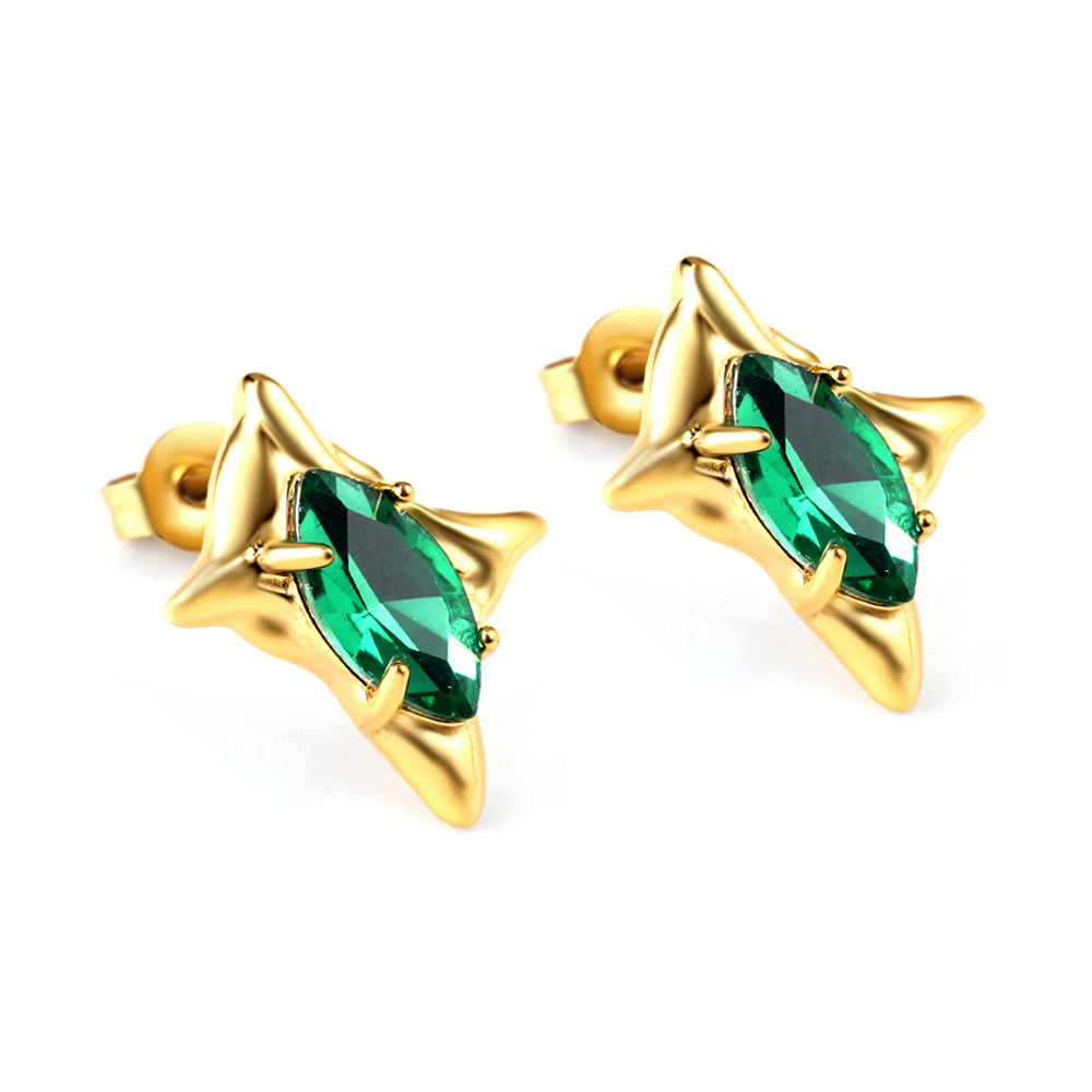 Gold coloured four-pointed star with green diamonds stud earrings asonjewelry