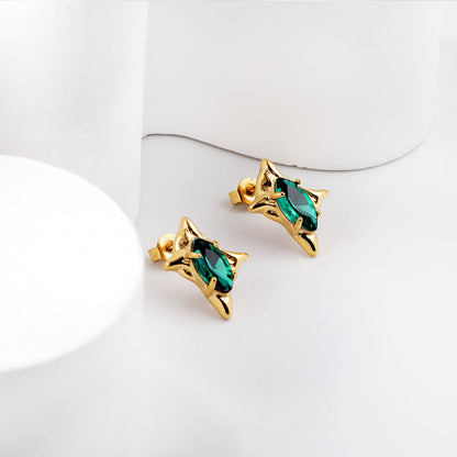 Gold coloured four-pointed star with green diamonds stud earrings asonjewelry