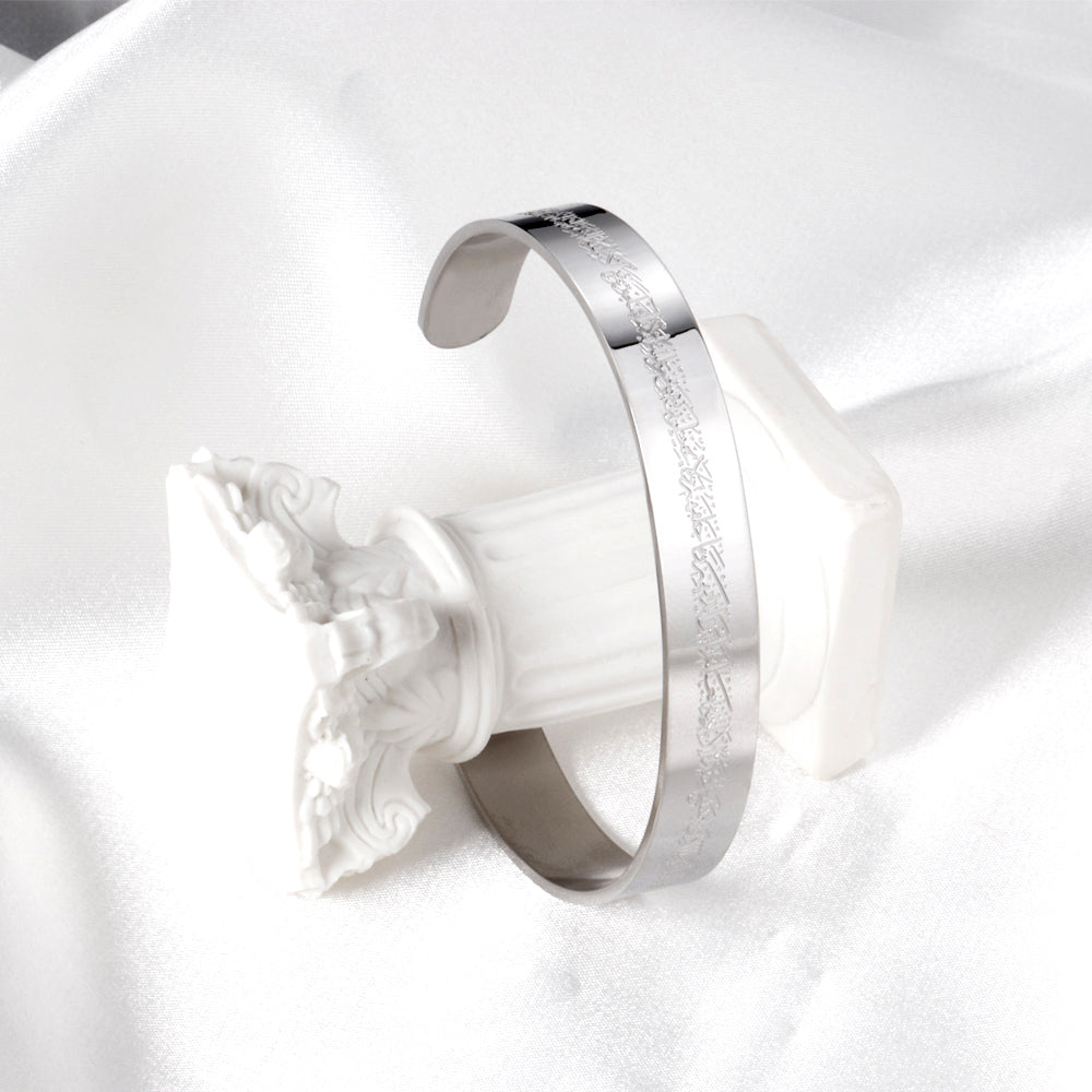 Extra wide hard open bangle in steel color with engraved surface asonjewelry